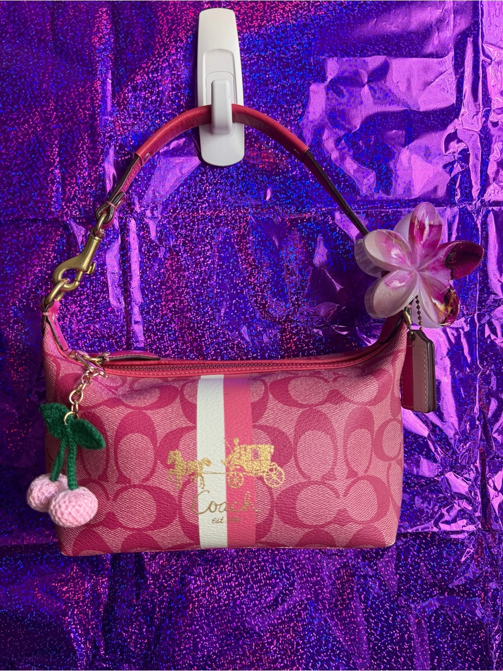 Vintage Coach Pink Signature Stripe Small Shouder bag
